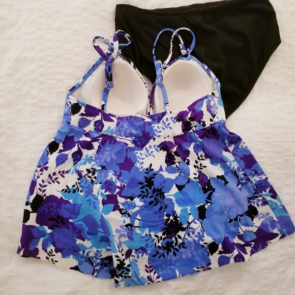 Two Piece Trikini Blue Floral Black Bathing Suit Swim - Picture 4 of 8